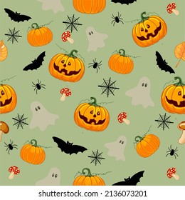 Halloween Nahtlose Hintergrundtextur Kürbis, Fledermäuse, Geister, Spinnen, handgezeichnet, Vektorgrafik, Muster