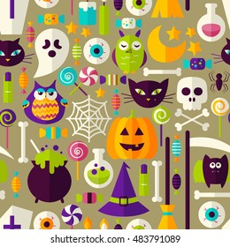 Halloween Seamless Background. Vector Illustration of Scary Holiday Flat Style Tile Pattern. Trick or Treat.