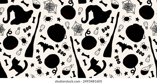 Halloween seamless background with witch hat, pumpkin, bat, cat, cauldron, spider, spider web and potion. Vector illustration, pattern, texture in black and white colors.