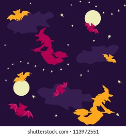 Halloween seamless background with witches and bats