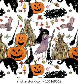 halloween seamless background with witches, pumpkins and cats