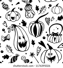 Halloween seamless balck and white pattern with different pumpkins. Vector seamless background for children colouring