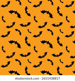 Halloween seamless bats pattern. Black bat on orange background. Wrapping paper, textile prints, wallpapers. Vector illustration.