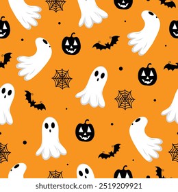Halloween naadloze vleermuizen patroon met spook en spinnenweb. Zwarte vleermuis en pompoenen op oranje achtergrond. Leuk patroon voor inpakpapier, textielprints, behang. Vectorillustratie.