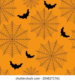 Halloween seamless bats pattern with spider web . Black bat on orange background. Cute pattern for wrapping paper, textile prints, wallpapers. Vector illustration