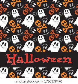 Halloween seamless black, orange, white skull, ghosts, bones black background. They are suitable for fabric, packaging, decor, postcards, background.