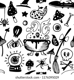 Halloween seamless black and white vector background with witch elements. Seamless background for children colouring