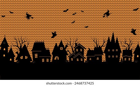 Halloween Seamless Border. Creepy houses. Halloween Town Background. Black silhouettes of houses, trees on orange knitted background. Bats, ghosts, witches, pumpkins, cat. Vector illustration