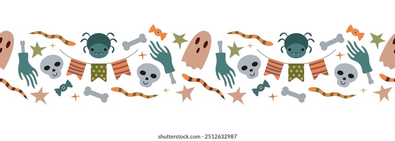 Frontera sin fisuras de Halloween. Fantasma, cráneo, huesos y araña. Personajes y elementos lindos. Ilustración vectorial aislada para el diseño de vacaciones