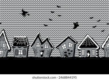 Halloween Seamless Border. Gingerbread Houses. Spooky Village. Silhouettes of houses on knitted background. Bats, witch, ghosts, spider web. Vector illustration in gray