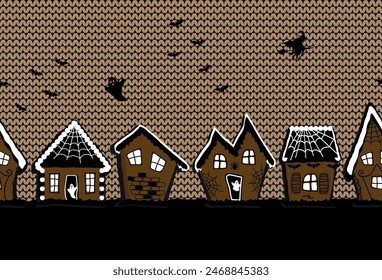 Halloween Seamless Border. Gingerbread Houses. Spooky Village. Silhouettes of houses on knitted background. Bats, witch, ghosts, spider web. Vector illustration in brown