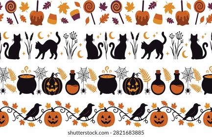 Patrón de borde sin fisuras de Halloween con gatos negros calabazas manzanas de caramelo cuervos y calderos ilustración colección