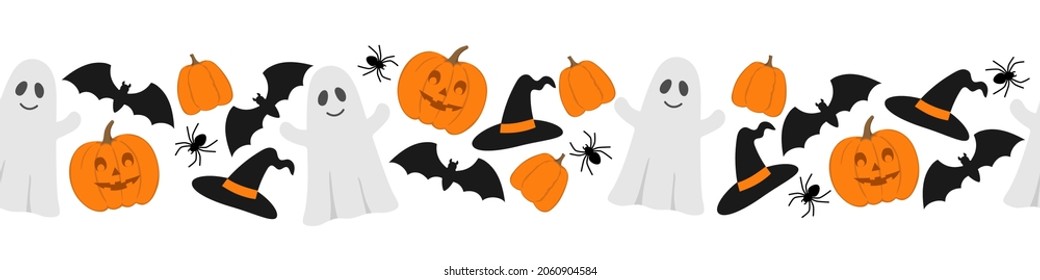 Halloween seamless border. Pumpkins, bats, spiders ghost and witch hat. Halloween background for autumn decorative design. Isolated vector illustration 