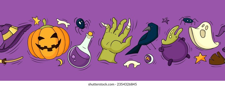 Halloween seamless border with pumpkins, spooky ghosts and zombie hand, witch hat and cauldron. Textile print for autumn holiday with crow and spiders, vector hand drawn illustration