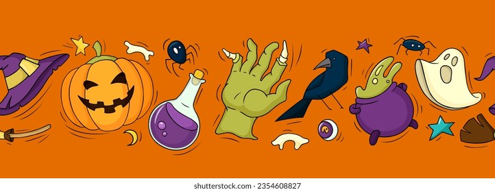 Halloween seamless border with pumpkins, spooky ghosts and zombie hand, witch hat and cauldron. Textile print for autumn holiday with crow and spiders, vector hand drawn illustration