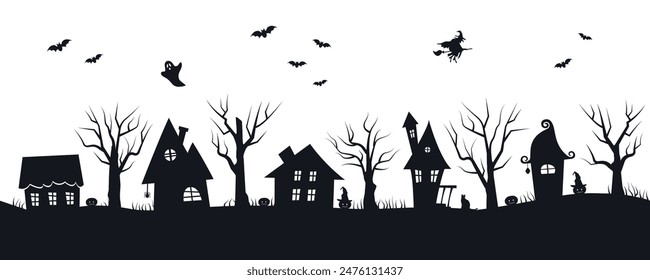 Frontera sin costuras de Halloween. Aldea espeluznante. Casas de Halloween. Siluetas negras de casas, árboles, bruja, fantasma, murciélagos sobre fondo blanco. Plantilla para PaperCut. Ilustración vectorial