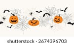 Halloween seamless border with pumpkins, spider webs, spiders, and bats. Halloween spooky night and holiday decoration concept. Trendy flat lay design