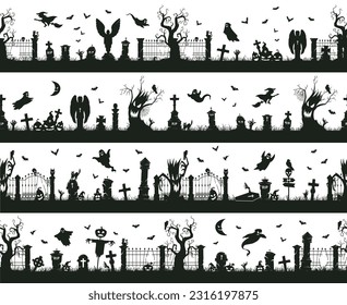 Halloween seamless borders. Creepy halloween decorations, spooky cemetery grave stones with crosses and scary trees flat vector illustration set. Sinister landscape silhouettes