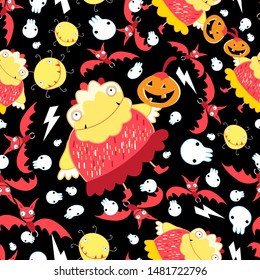 Halloween seamless bright festive pattern with monsters and bats.