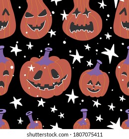 Halloween seamless bright kids doodle pattern. The day of the Dead, Pumpkin with scary faces and stars. Flat vector illustration on black background
