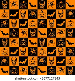 Halloween seamless checkerboard pattern with repeating squares of spooky icons. Features skulls, pumpkins, bats, and spiders in black and orange. Ideal for textiles or backgrounds.