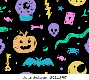 Halloween seamless colorful pattern of hand drawn doodle spider,skull,bat,pumpkin etc.Magic witchcraft ink elements for decoration,print,card,wrapping paper.Vector.