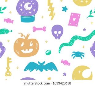 Halloween es un patrón colorido y sin fisuras de araña de doodle dibujada a mano, cráneo, murciélago, calabaza, etc.Elementos de tinta de brujería mágica para decoración, impresión, tarjeta, papel envolvente.Fondo blanco.Vector.