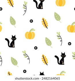 Halloween seamless design with ghost, skull, pumpkin, hat, plants, leaves, house, bat. Vector illustration, set, set of elements