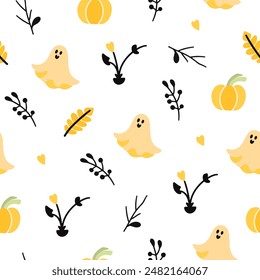 Halloween seamless design with ghost, skull, pumpkin, hat, plants, leaves, house, bat. Vector illustration, set, set of elements
