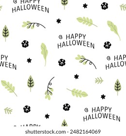Halloween seamless design with ghost, skull, pumpkin, hat, plants, leaves, house, bat. Vector illustration, set, set of elements