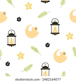 Halloween seamless design with ghost, skull, pumpkin, hat, plants, leaves, house, bat. Vector illustration, set, set of elements