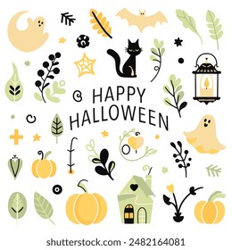 Halloween seamless design with ghost, skull, pumpkin, hat, plants, leaves, house, bat. Vector illustration, set, set of elements