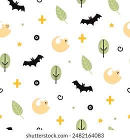 Halloween seamless design with ghost, skull, pumpkin, hat, plants, leaves, house, bat. Vector illustration, set, set of elements