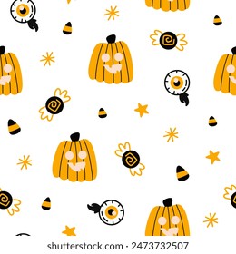 Halloween seamless design, pattern with hat, ghost, potion, branches, moon, month, leaves, pumpkins, stars, eyes and candies, sweets.