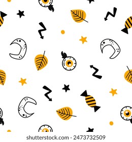 Halloween seamless design, pattern with hat, ghost, potion, branches, moon, month, leaves, pumpkins, stars, eyes and candies, sweets.