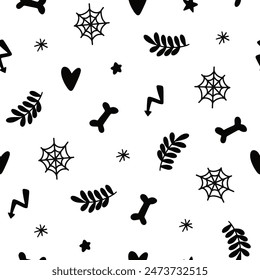 Halloween seamless design, pattern with hat, ghost, potion, branches, moon, month, leaves, pumpkins, stars, eyes and candies, sweets.