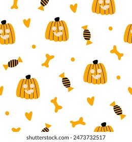 Halloween seamless design, pattern with hat, ghost, potion, branches, moon, month, leaves, pumpkins, stars, eyes and candies, sweets.