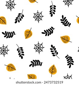 Halloween seamless design, pattern with hat, ghost, potion, branches, moon, month, leaves, pumpkins, stars, eyes and candies, sweets.