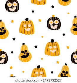 Halloween nahtloses Design, Muster mit Hut, Geist, Trank, Äste, Mond, Monat, Blätter, Kürbisse, Sterne, Augen und Bonbons, Süßigkeiten.