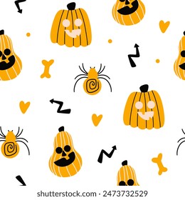Halloween seamless design, pattern with hat, ghost, potion, branches, moon, month, leaves, pumpkins, stars, eyes and candies, sweets.