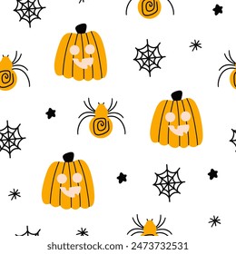 Halloween seamless design, pattern with hat, ghost, potion, branches, moon, month, leaves, pumpkins, stars, eyes and candies, sweets.