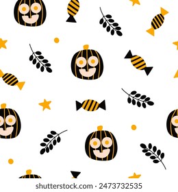 Halloween seamless design, pattern with hat, ghost, potion, branches, moon, month, leaves, pumpkins, stars, eyes and candies, sweets.