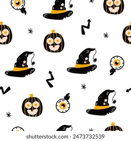 Halloween seamless design, pattern with hat, ghost, potion, branches, moon, month, leaves, pumpkins, stars, eyes and candies, sweets.