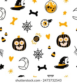 Halloween seamless design, pattern with hat, ghost, potion, branches, moon, month, leaves, pumpkins, stars, eyes and candies, sweets.