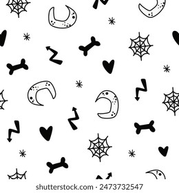 Halloween seamless design, pattern with hat, ghost, potion, branches, moon, month, leaves, pumpkins, stars, eyes and candies, sweets.