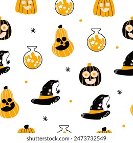Halloween seamless design, pattern with hat, ghost, potion, branches, moon, month, leaves, pumpkins, stars, eyes and candies, sweets.
