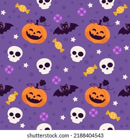 Halloween seamless design with skulls, bat, pumpkin. Vector illustration