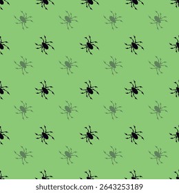 Halloween seamless diagonal pattern with silhouette spiders. Vector hand drawn illustration. Tiny black arachnids on green background. October fall holidays backdrop for packaging, print.