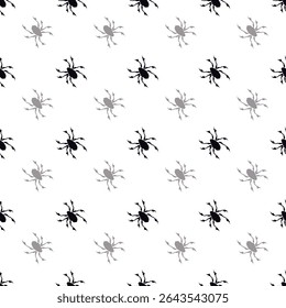 Halloween seamless diagonal pattern with silhouette spiders. Vector hand drawn illustration. Tiny black arachnids on white background. October fall holidays backdrop for packaging, print. Monochrome.