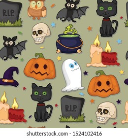 halloween seamless with different cartoon objects and 
character